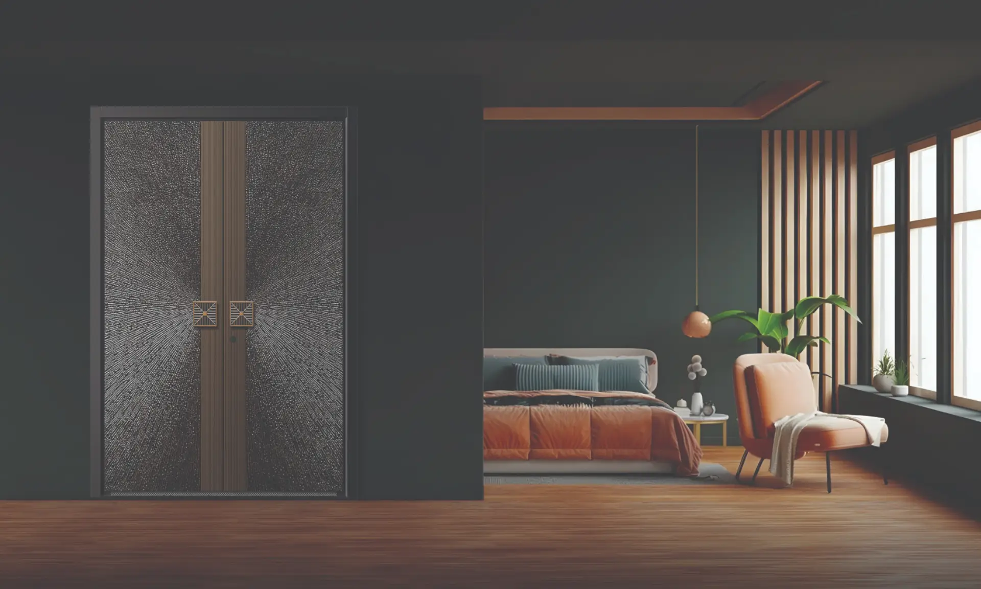 Modern steel door installed at a home entrance, showcasing durability, security, and contemporary design.
